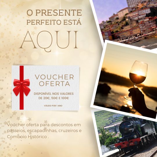 Imagem com as informações do voucher oferta, disponíveis em 3 valores: 20 euros, 50 euros e 100 euros. Ao lado, imagens do Rio Douro, uma taça de vinho e o comboio histórico.